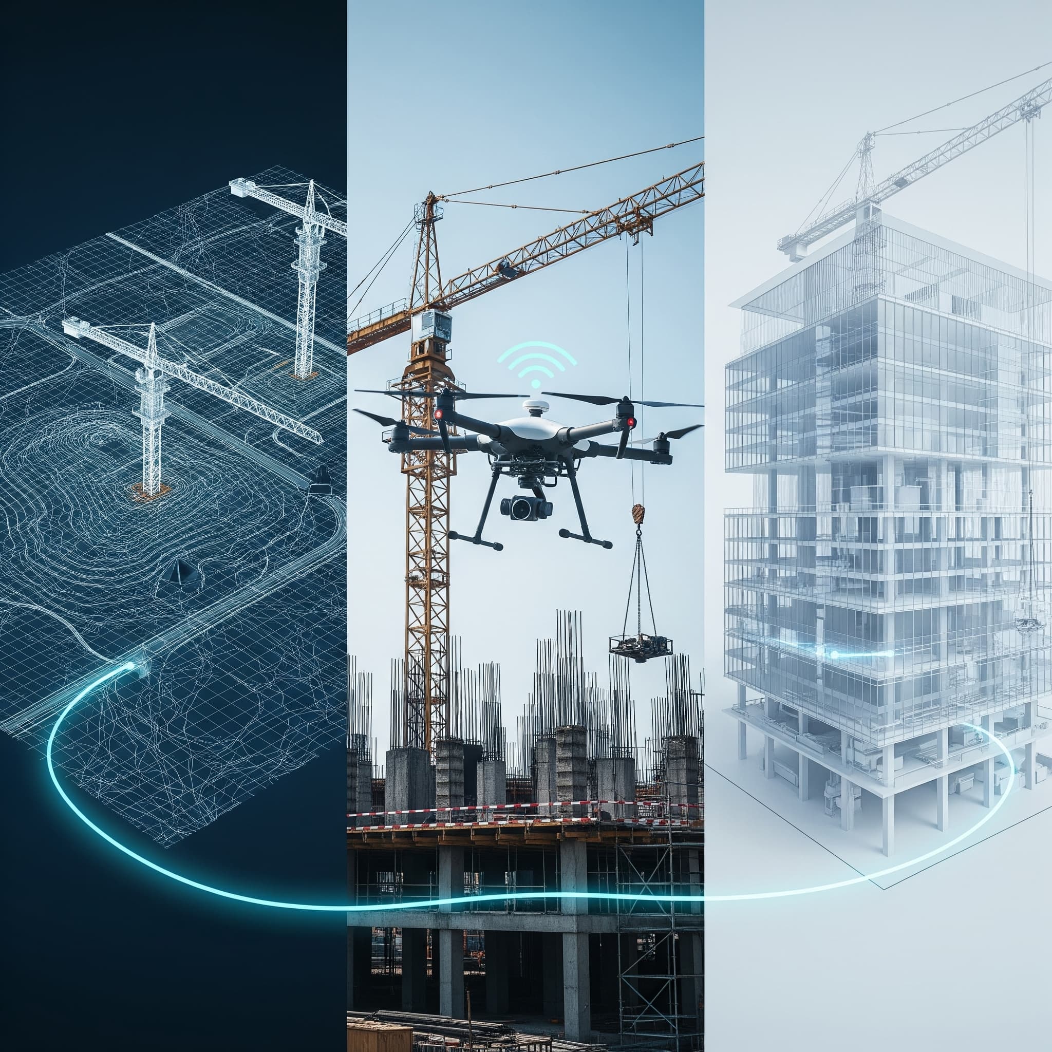 The AEC project lifecycle powered by Ayn al Taqniya's data: from pre-construction site analysis to progress monitoring and final as-built BIM.
