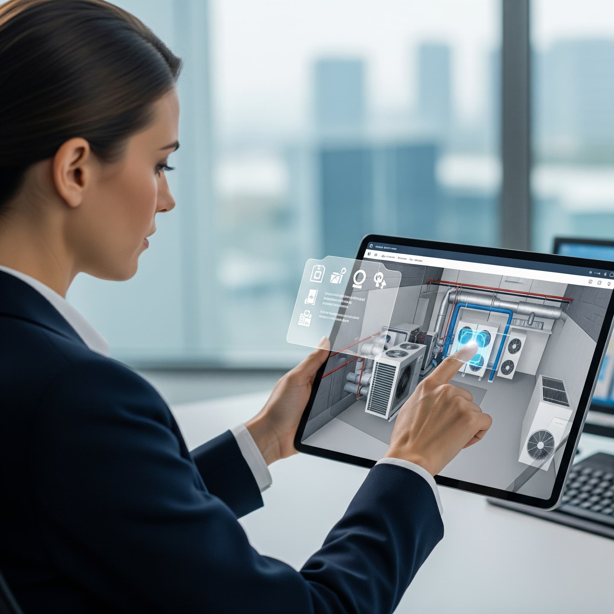 A facility manager using a tablet with an intelligent BIM model, enhanced with data from Ayn al Taqniya for proactive asset management.