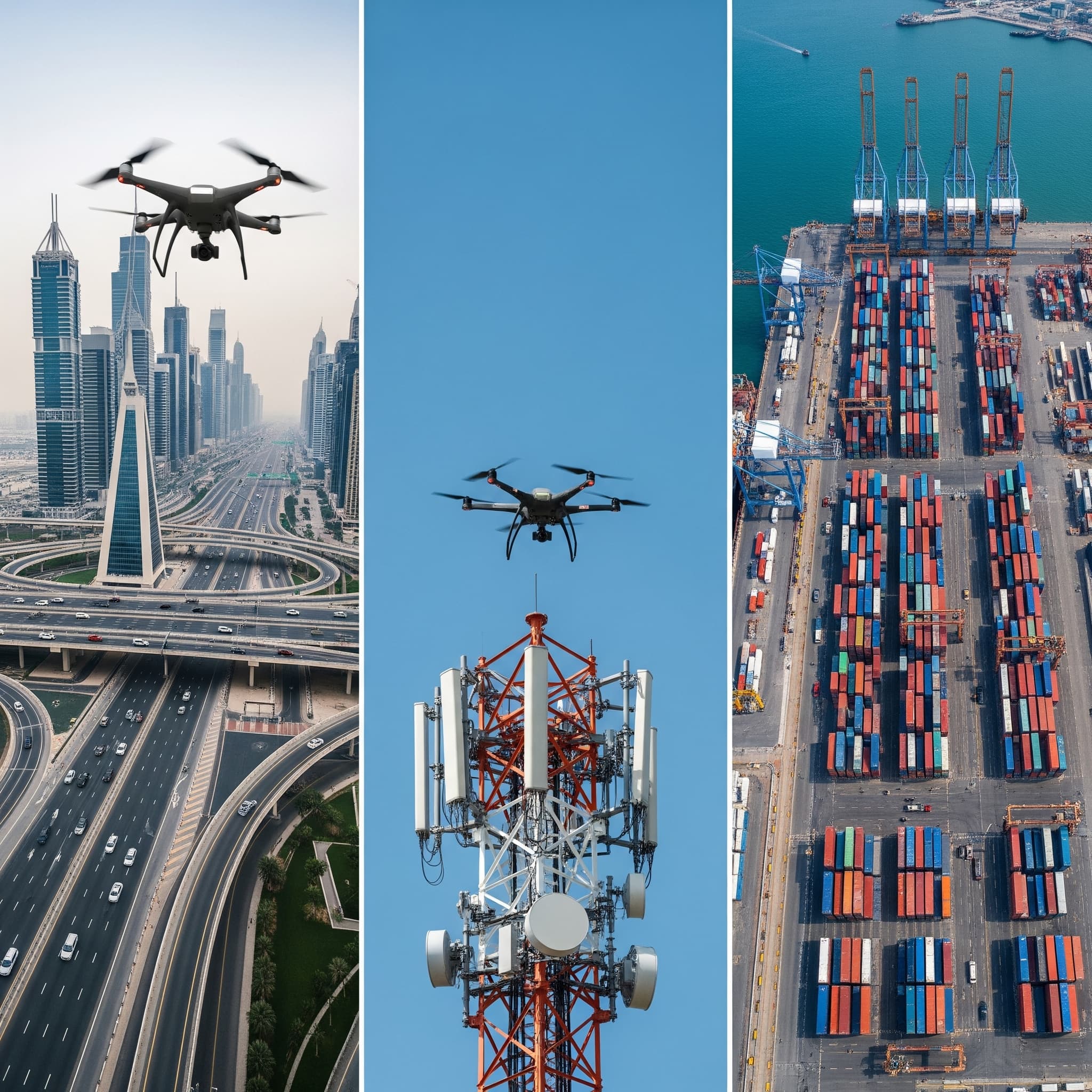 Ayn al Taqniya's comprehensive drone data acquisition services for diverse UAE infrastructure, including transport, telecom, and ports.
