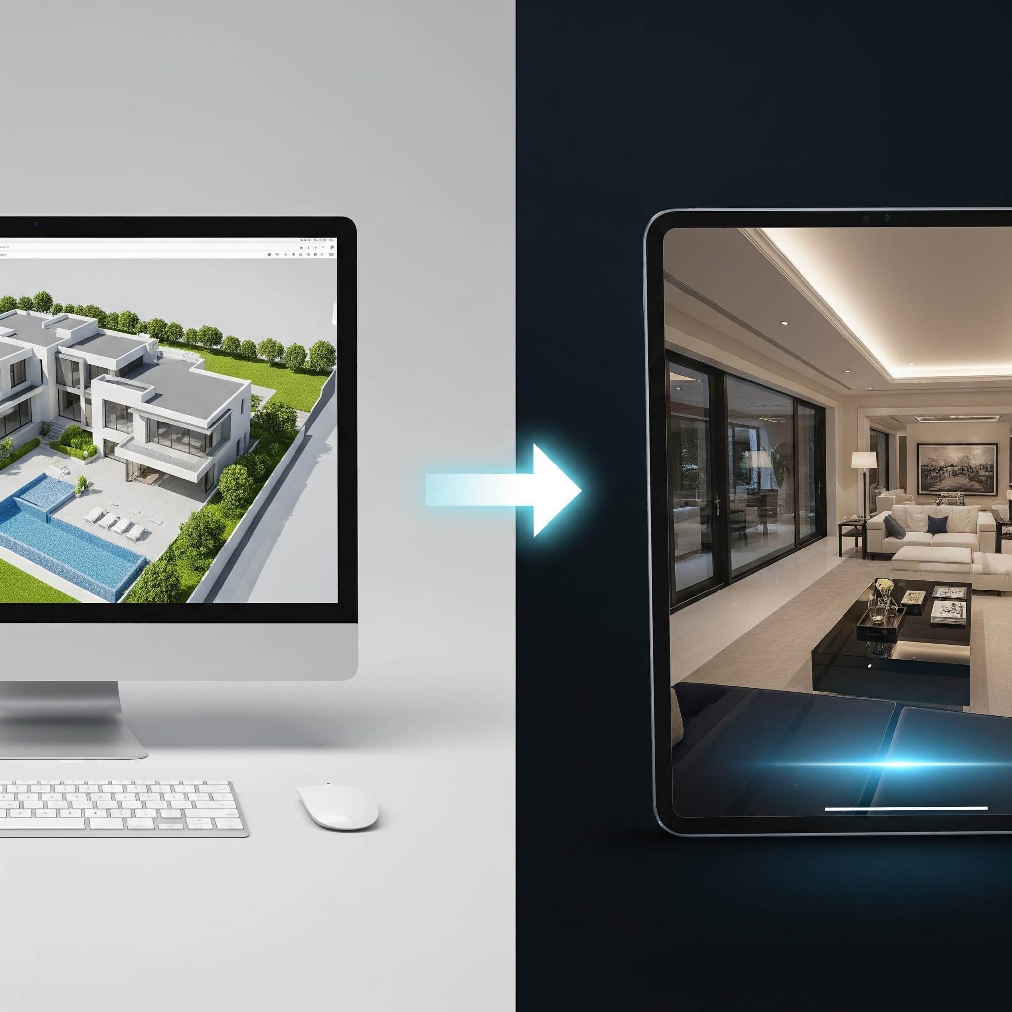 Visualizing the process of creating a 360-degree real estate virtual tour from 3D model data for an off-plan property in Dubai.